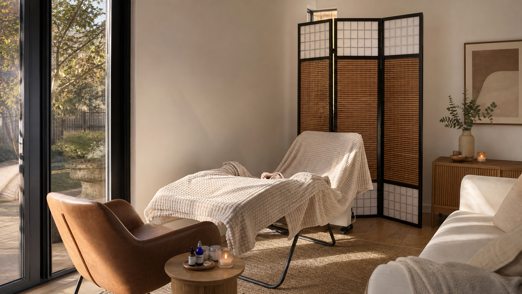 Calm Wimbledon reflexology treatment room with natural light