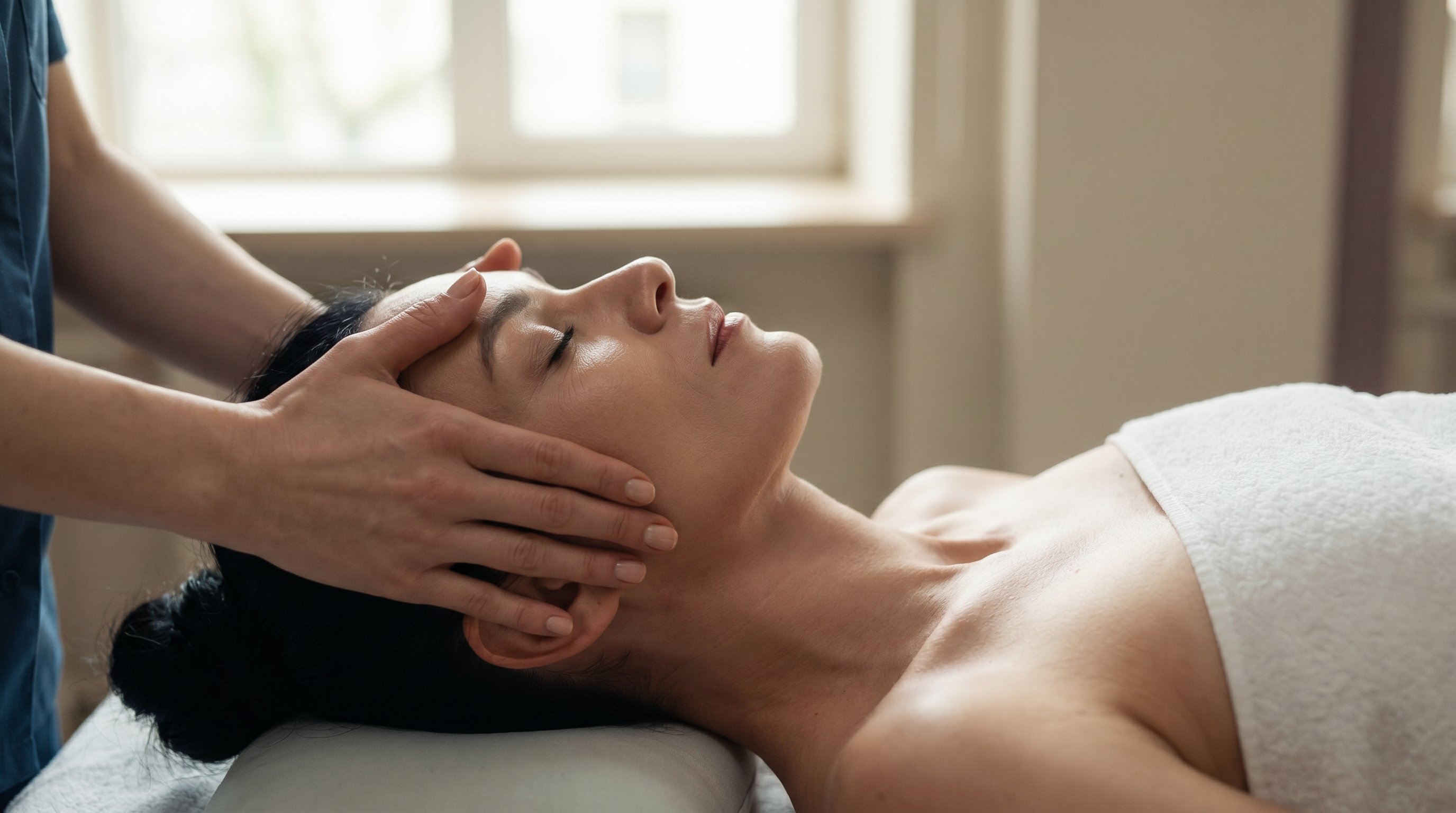 Facial reflexology treatment — gentle hand pressure applied to the face, client at rest